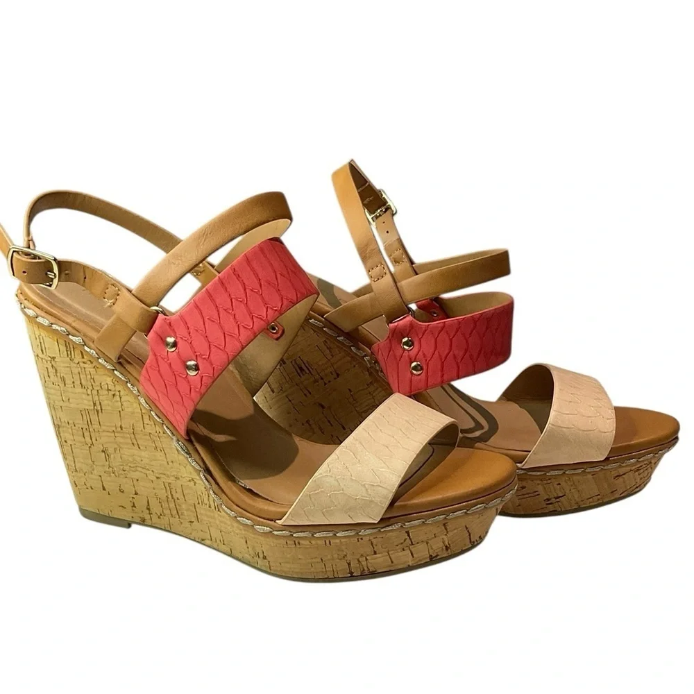 Maurices Tan and Coral Wedge Sandals Size 8